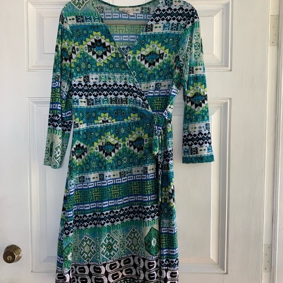 Beige By ECI brand Dress - Size 10 3/4 sleeve & A-line Aztec‎ Blue Green - Picture 1 of 6